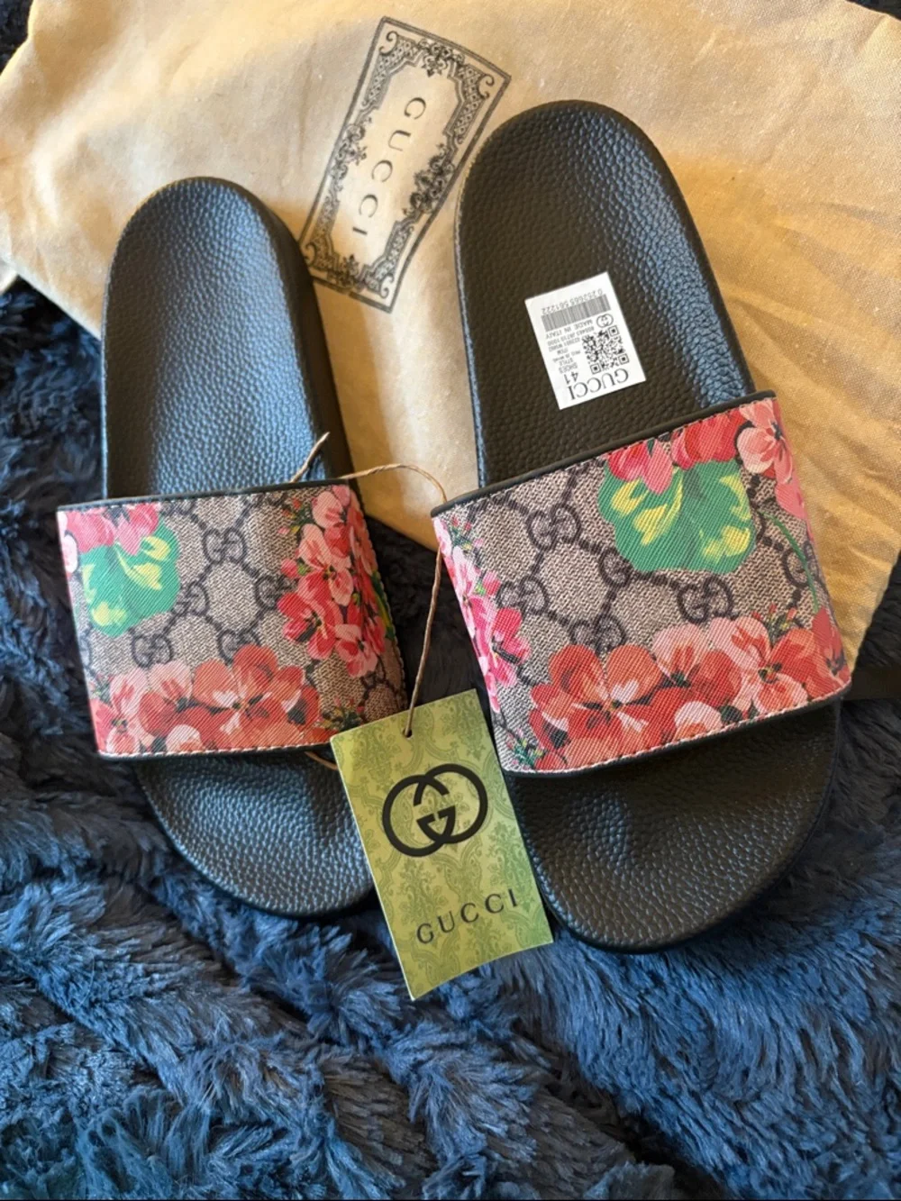 Gucci Black Slide Sandals with Pink and Green Floral GG Strap - Picture 2 of 4